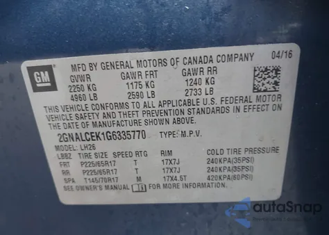 2016 Chevrolet Equinox Lt из США, поврежденный, VIN 2GNALCEK1G6335770